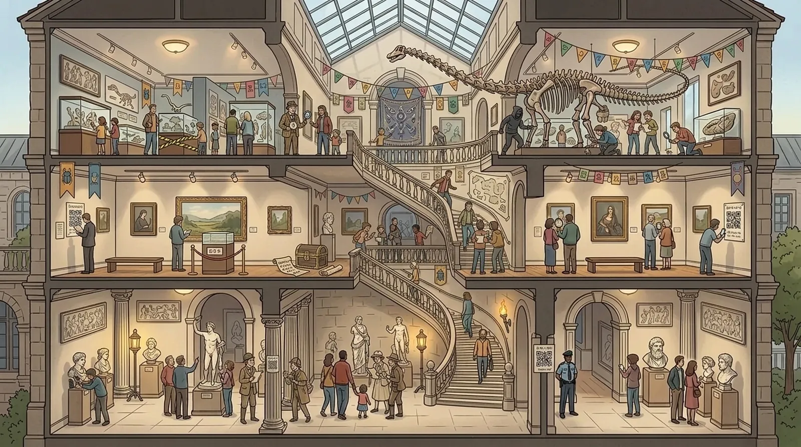 The same museum during an ImmA investigation: teams scanning a QR code by a display case, questioning a costumed actor and examining exhibits together.