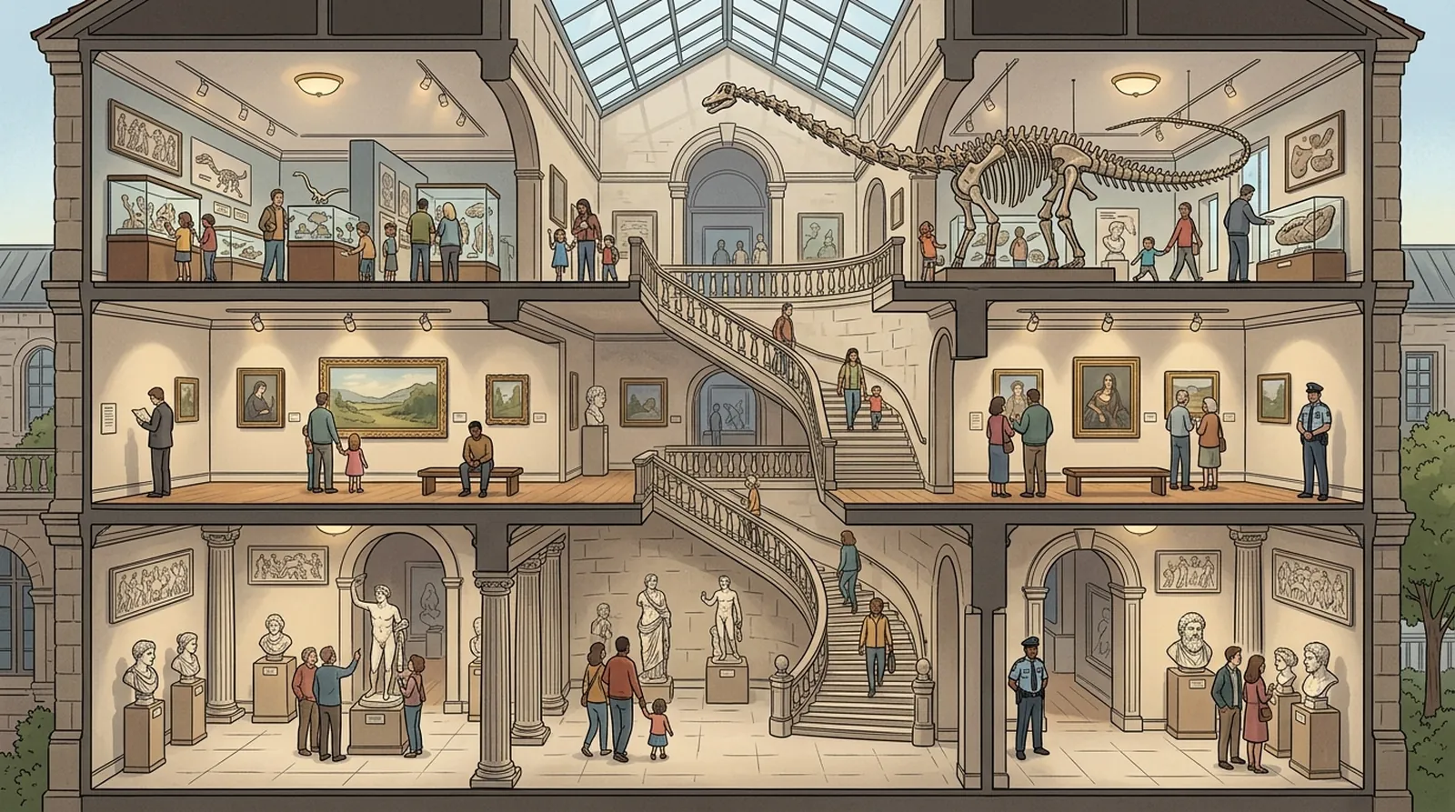 Cutaway of a museum on an ordinary day: visitors walking quietly between the sculpture hall, the painting gallery and the natural-history floor.